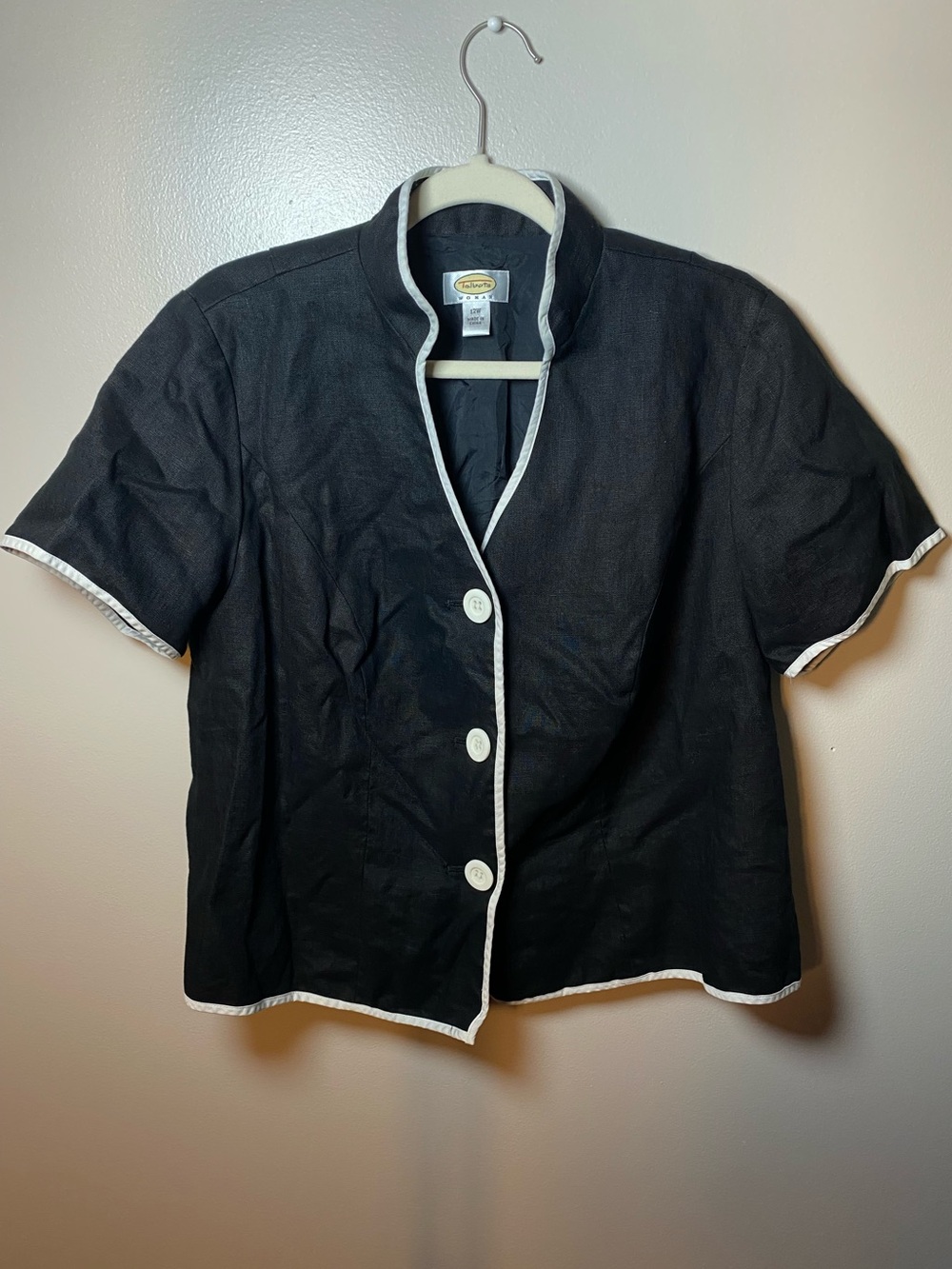 Black Short-Sleeve Contrast Trim Linen Short Sleeve Blazer Size 12W